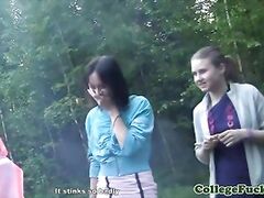 Three college chicks jizzed on tits outdoor