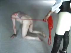 Slave on a leash crawling, painful