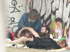 pure street life homeless threesome having sex on public