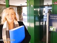 Horny blonde rides cock after class